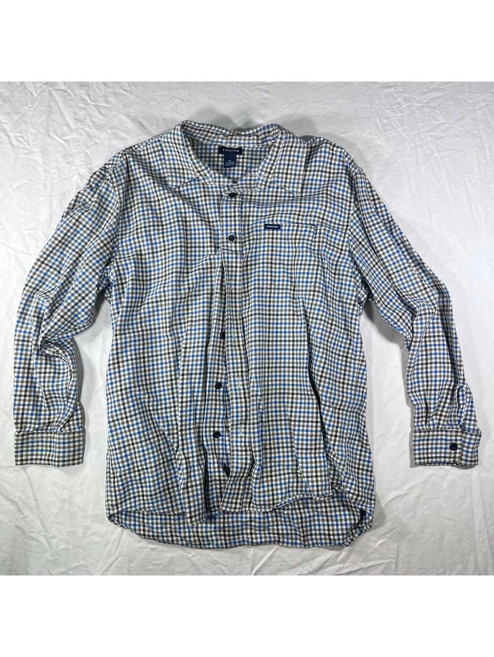 Structure Men’s XL Blue Gray Plaid Cotton Long Sleeve Button-Up Shirt